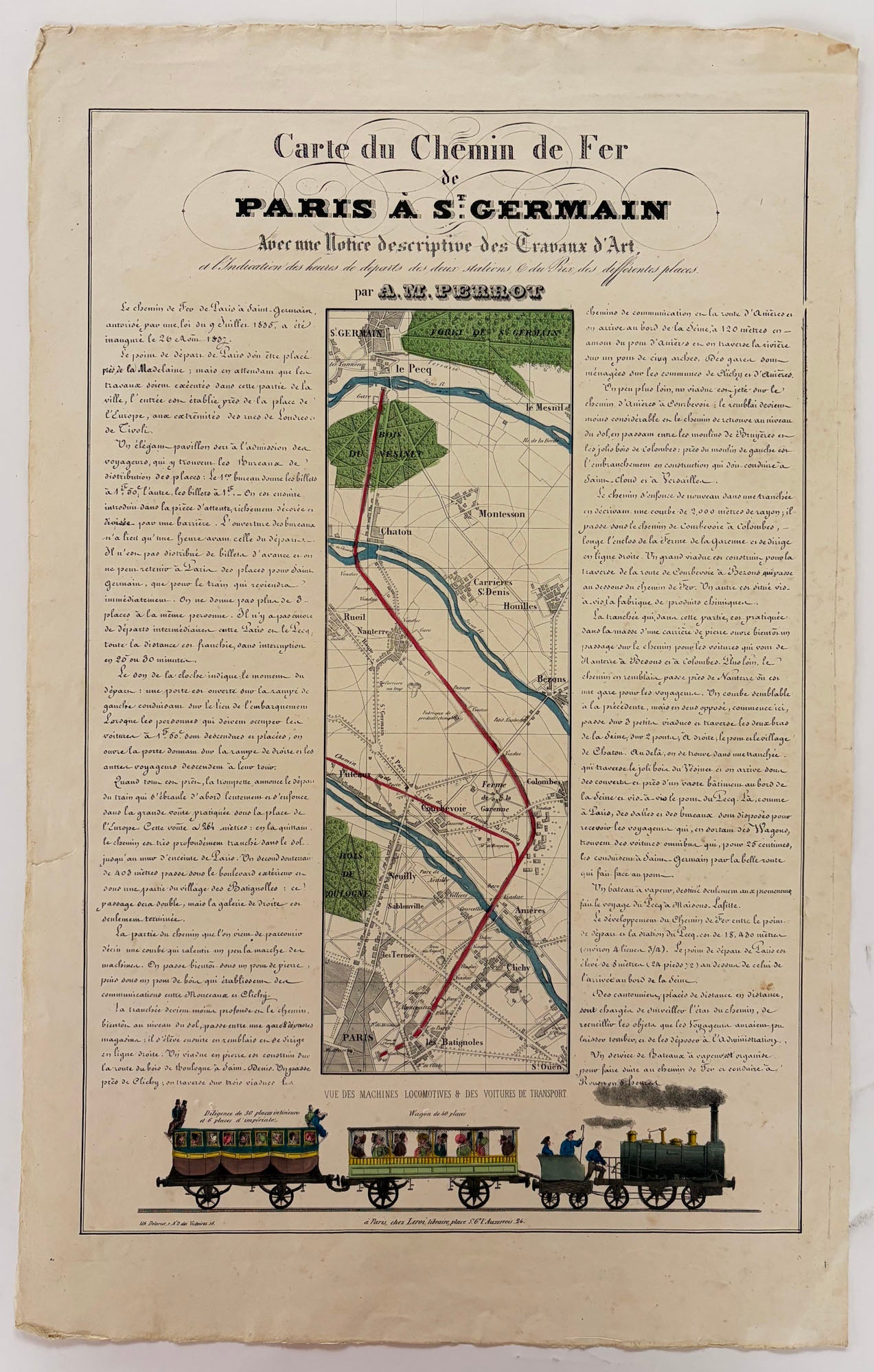 Aristide-Michel PERROT - Carte du Chemin de fer de Paris à Saint Germain, avec une notice descriptive des Travaux d'Art, et l'indication des heures de départs des deux stations & du prix des différentes places, par A.M. Perrot.  1837. En pied, Vue des machines locomotives & des voitures de transport. Eau-forte en coloris ancien et typographie.