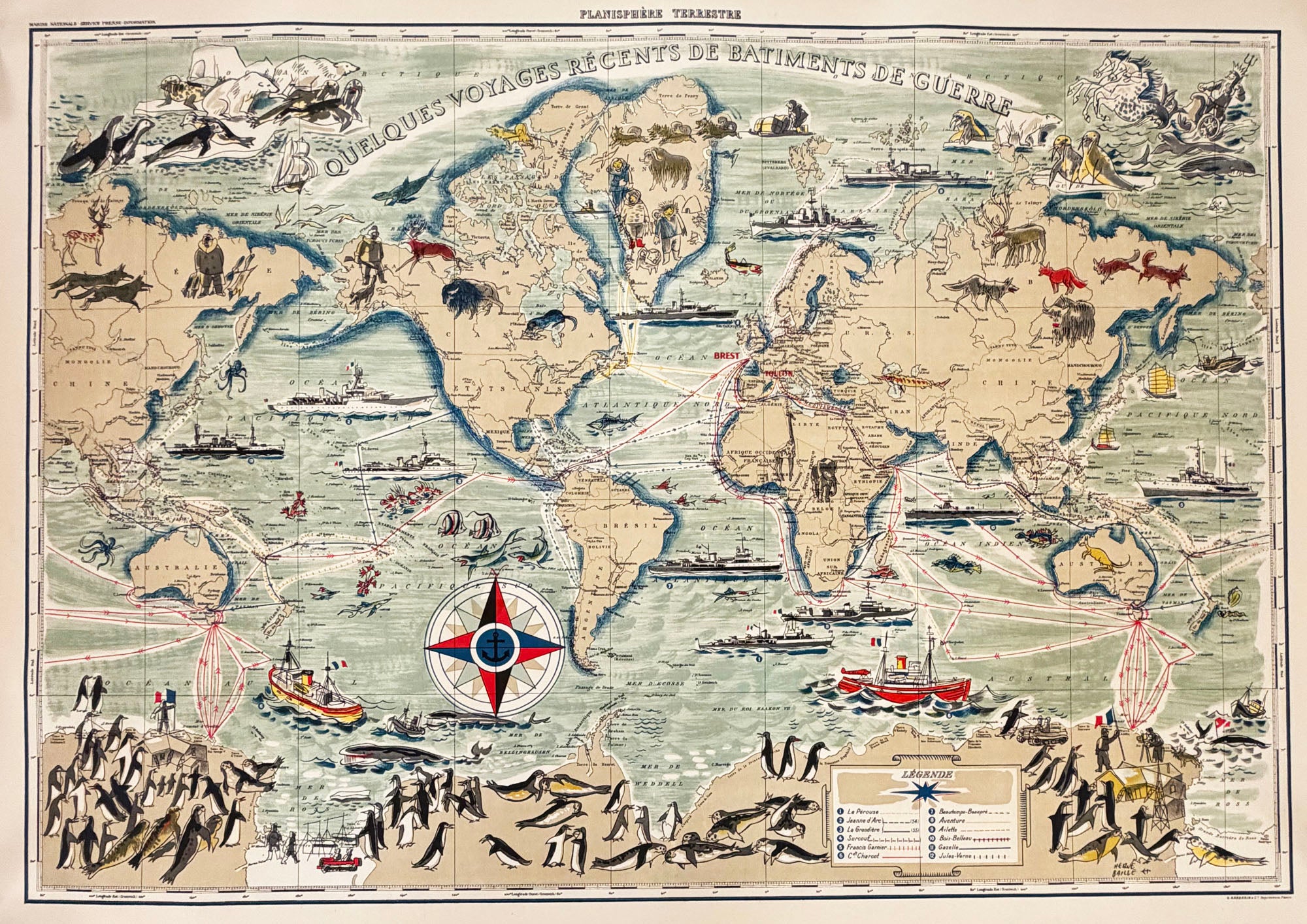 Hervé BAILLE - Planisphère terrestre. Quelques voyages récents de bâtiments de Guerre.  c.1955. Lithographie imprimée en couleurs. 