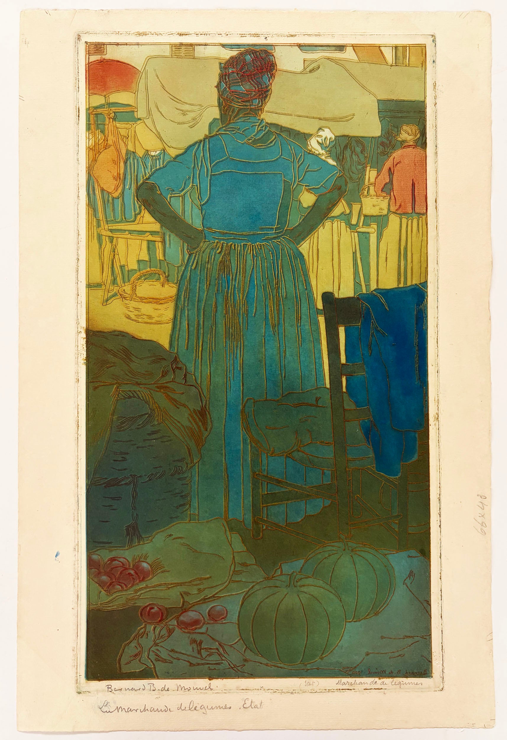 Bernard BOUTET DE MONVEL - Marchande de légumes.  1900. Gravure originale à l'eau-forte et à l'aquatinte, imprimée en couleurs au repérage. 