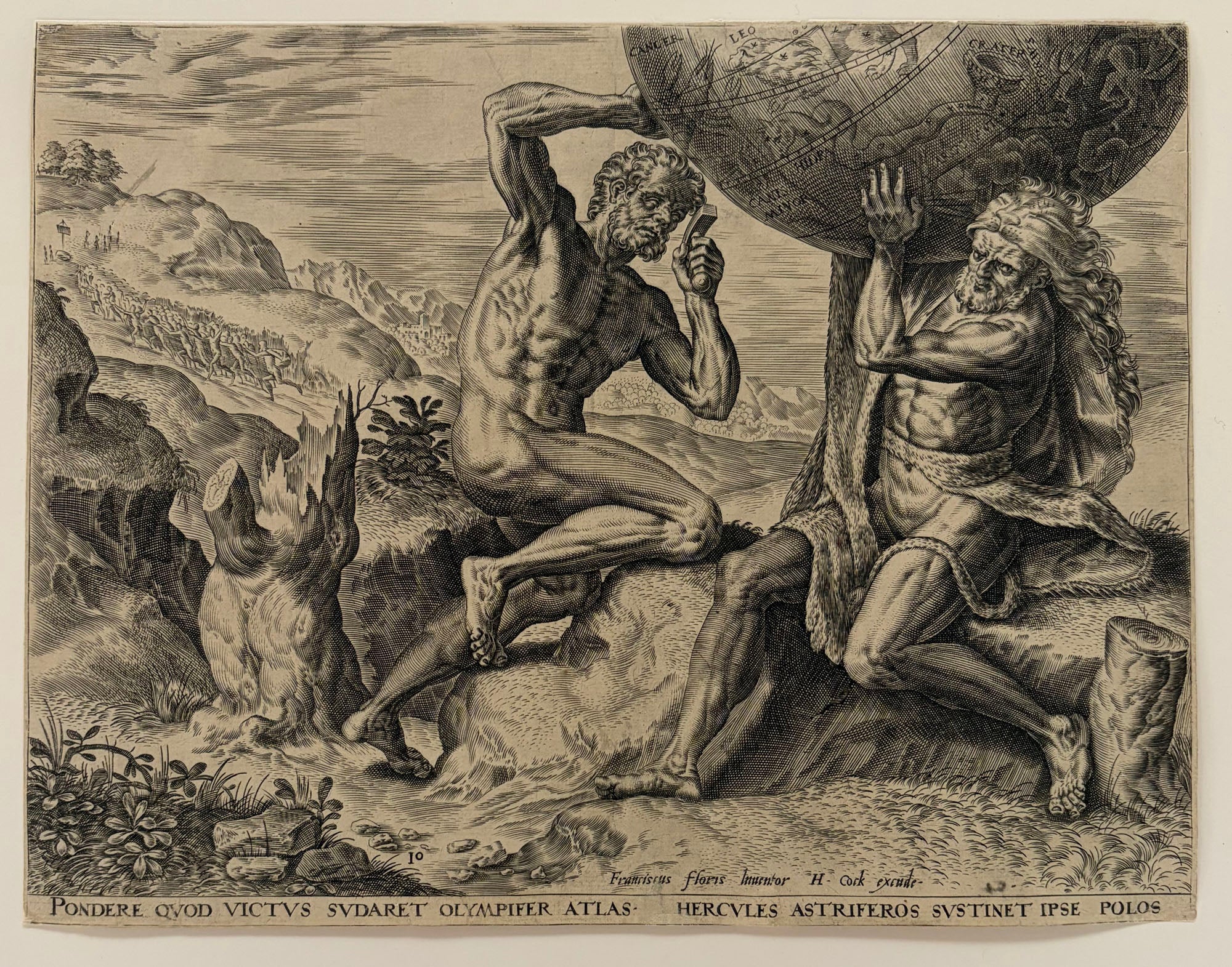 Cornelis CORT - Hercule portant le globe pour Atlas.  1563. Gravure à l'eau-forte et au burin d'après Frans Floris.