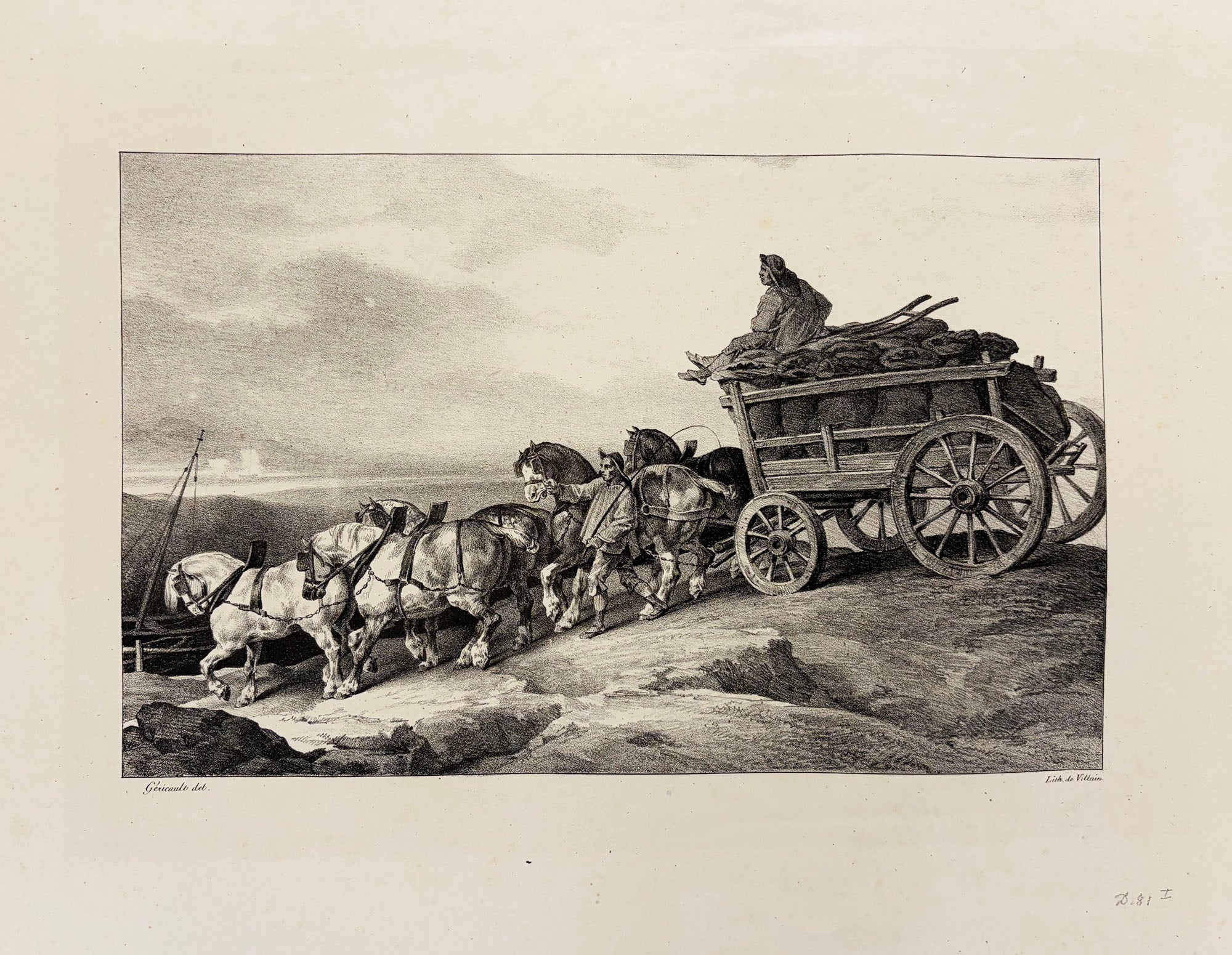 Théodore GERICAULT - Le chariot de charbon.  1822. Lithographie exécutée en grande partie par Léon Cogniet (Paris 1794 † 1880), d'après la lithographie originale de Géricault intitulée 