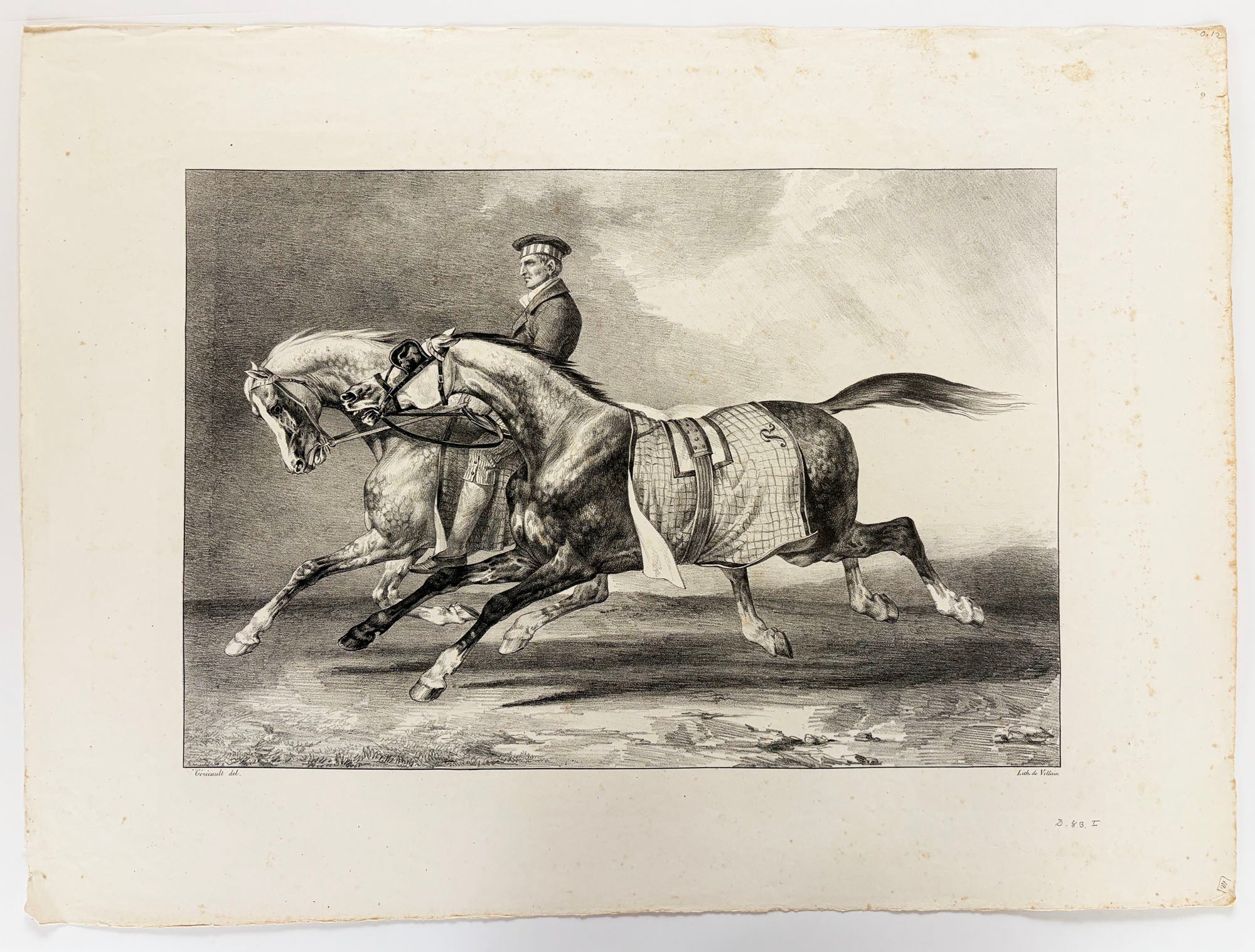 Deux chevaux gris pommelé que l'on promène.  1822.