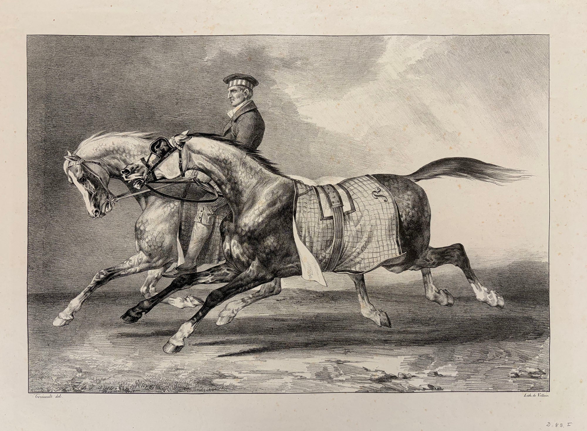 Théodore GERICAULT - Deux chevaux gris pommelé que l'on promène.  1822. Lithographie exécutée en grande partie par Léon Cogniet (Paris 1794 † 1880), d'après la lithographie originale de Géricault intitulée 