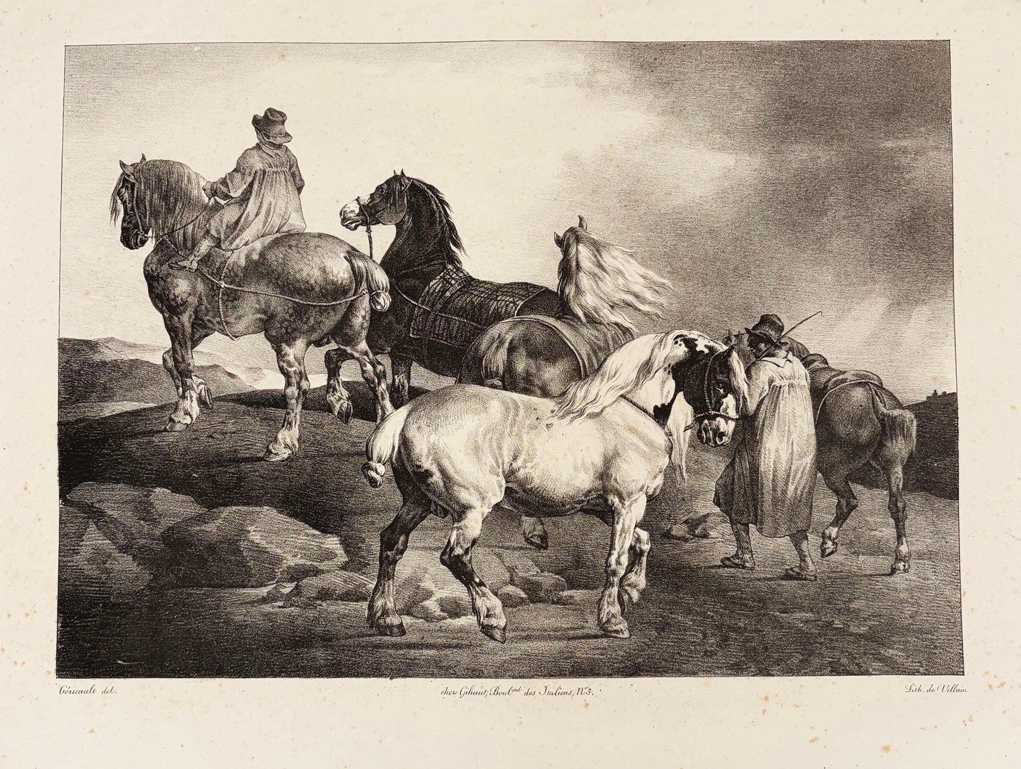 Théodore GERICAULT - Chevaux conduits à la foire.  1822. Lithographie exécutée en grande partie par Léon Cogniet (Paris 1794 † 1880), d'après la lithographie originale de Géricault intitulée 