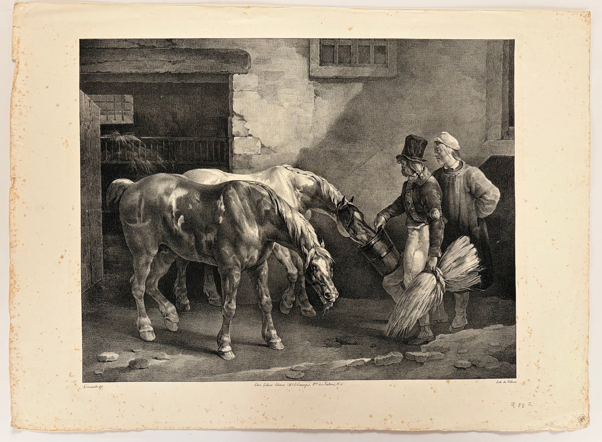Théodore GERICAULT - Deux chevaux de poste à la porte d'une écurie.  1822. Lithographie exécutée en grande partie par Joseph Volmar 