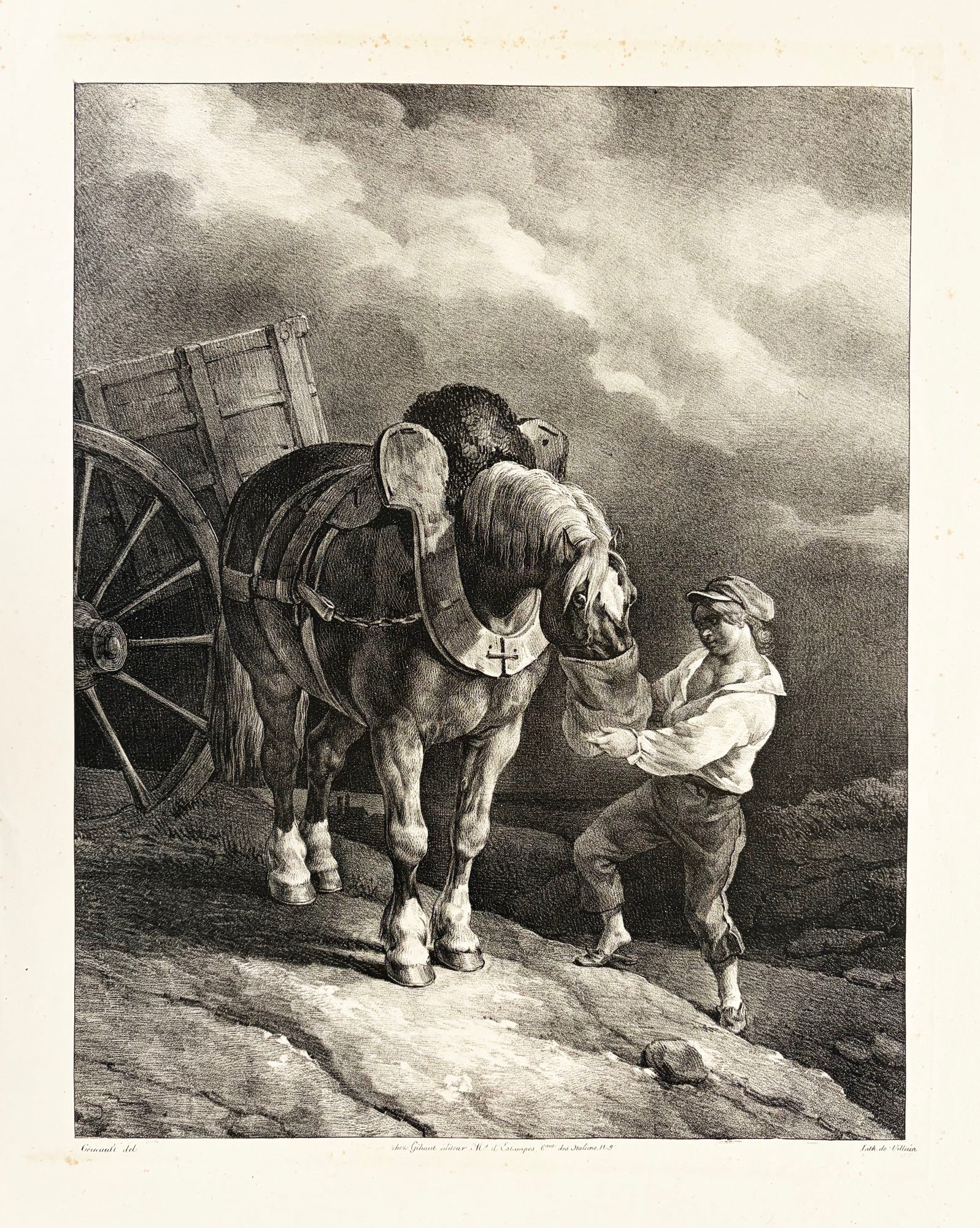 Théodore GERICAULT - Garçon donnant l'avoine à un cheval dételé. 1822. Lithographie exécutée en grande partie par Joseph Volmar 