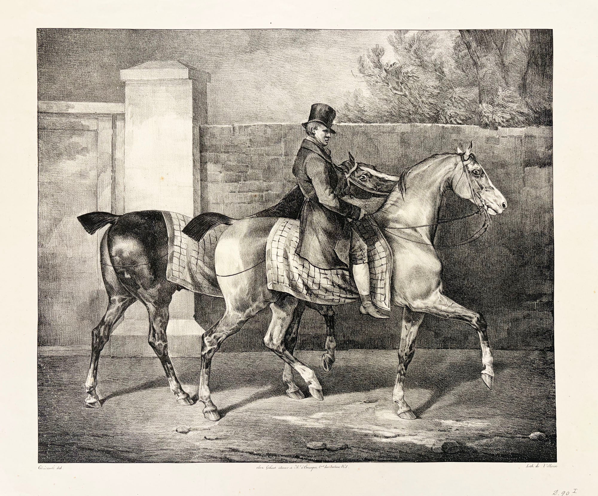Théodore GERICAULT - Deux chevaux promenés par un jockey.  1822. Lithographie exécutée en grande partie par Joseph Volmar 