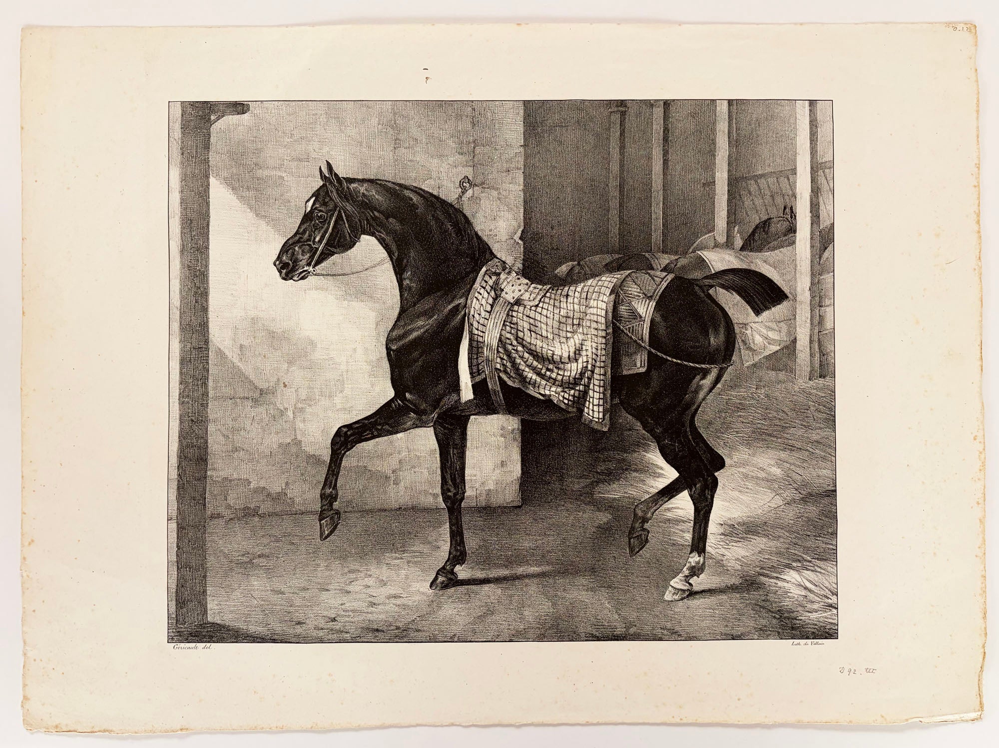Théodore GERICAULT - Cheval noir attaché dans une écurie.  1822. Lithographie exécutée en grande partie par Joseph Volmar.