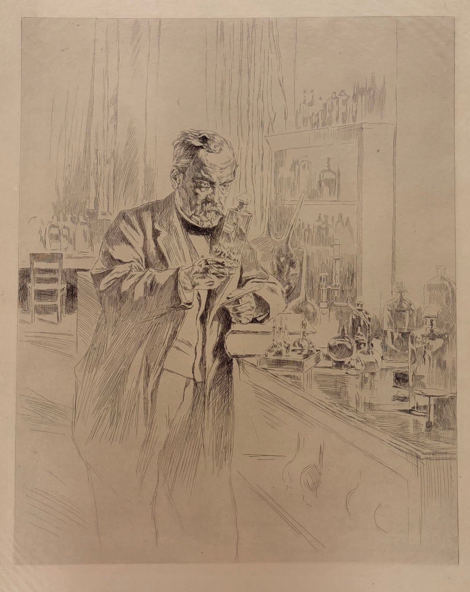 Louis ORR - Pasteur dans son laboratoire. 1885. Eau-forte d'après la peinture d'Albert Edelfelt.