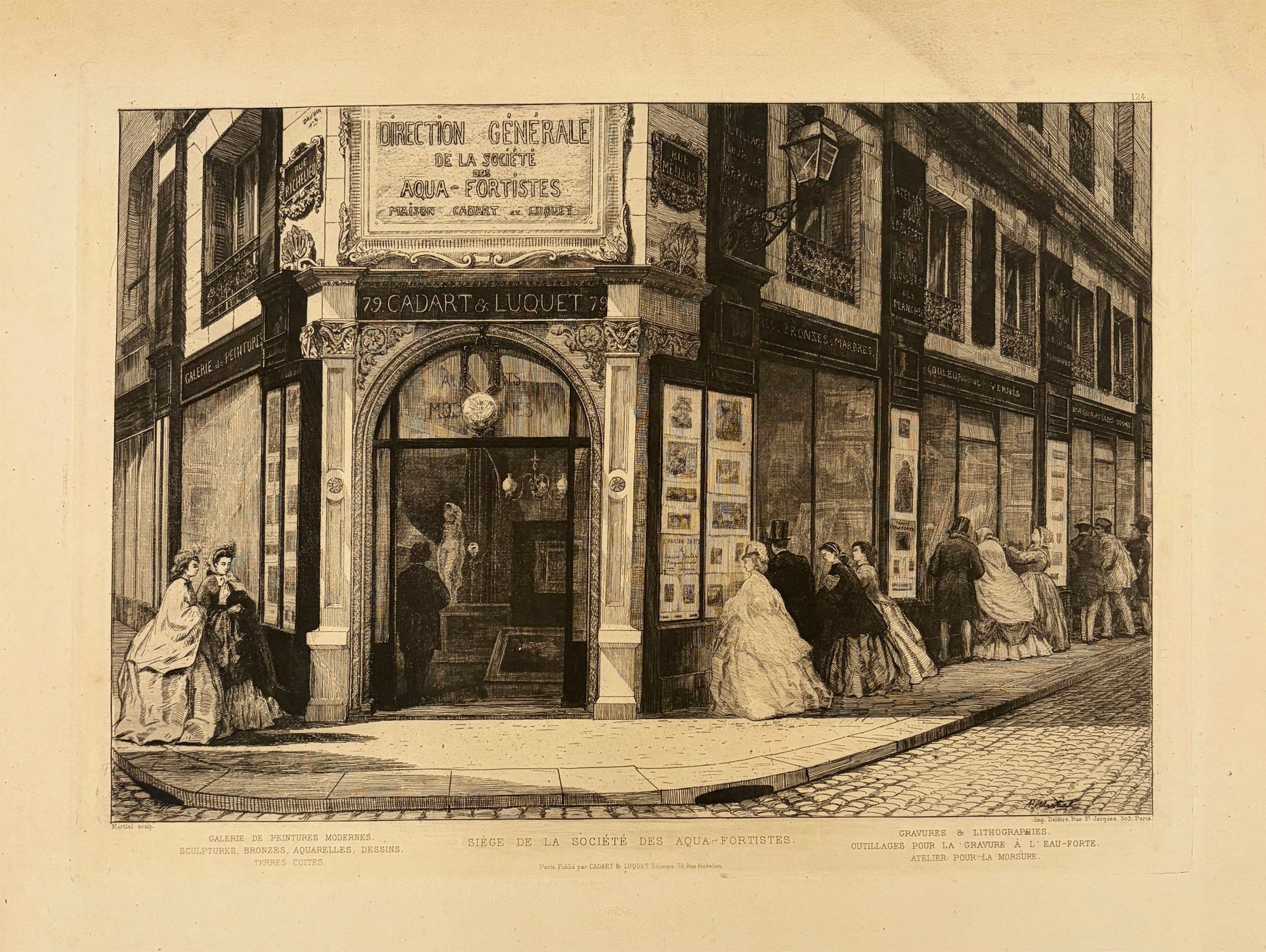 Adolphe Théodore Martial dit POTEMONT - Siège de la Société des Aqua-fortistes. 1865. Galerie de peintures modernes, sculptures, bronzes, aquarelles, dessins, terres cuites, gravures & lithographies, outillages pour la gravure à l'eau-forte et atelier pour la morsure. Eau-forte originale. 
