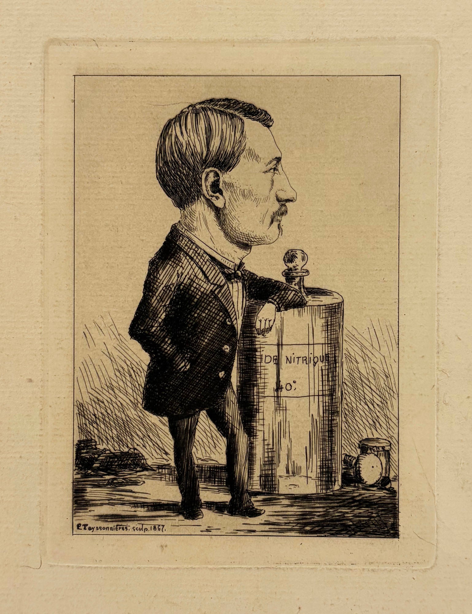 Pierre TEYSSONNIERES - Autoportrait de l'artiste avec un flacon d'acide nitrique.  1867. Eau-forte originale. 
