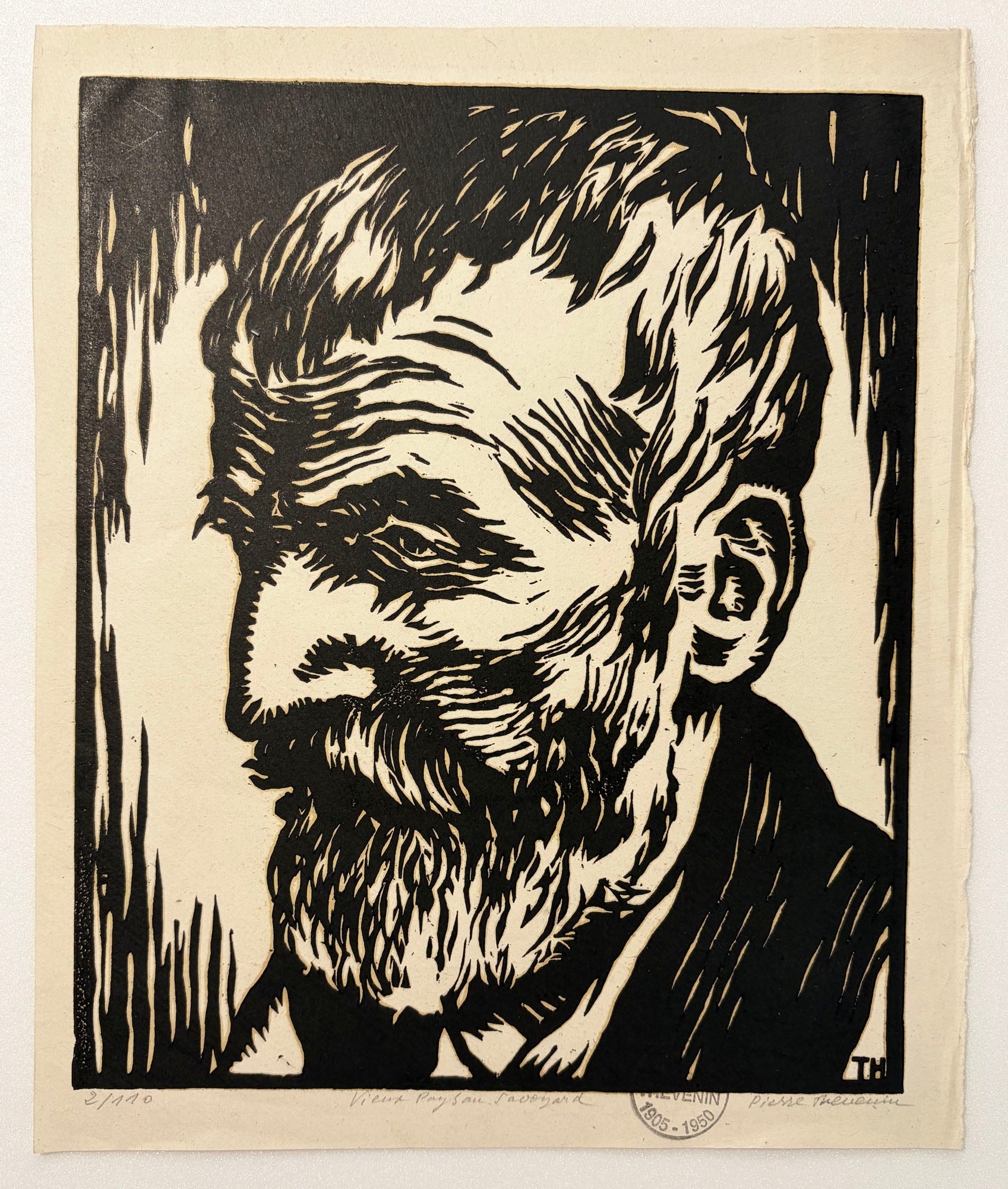 Pierre THEVENIN - Vieux paysan savoyard. Bois gravé, signé. 