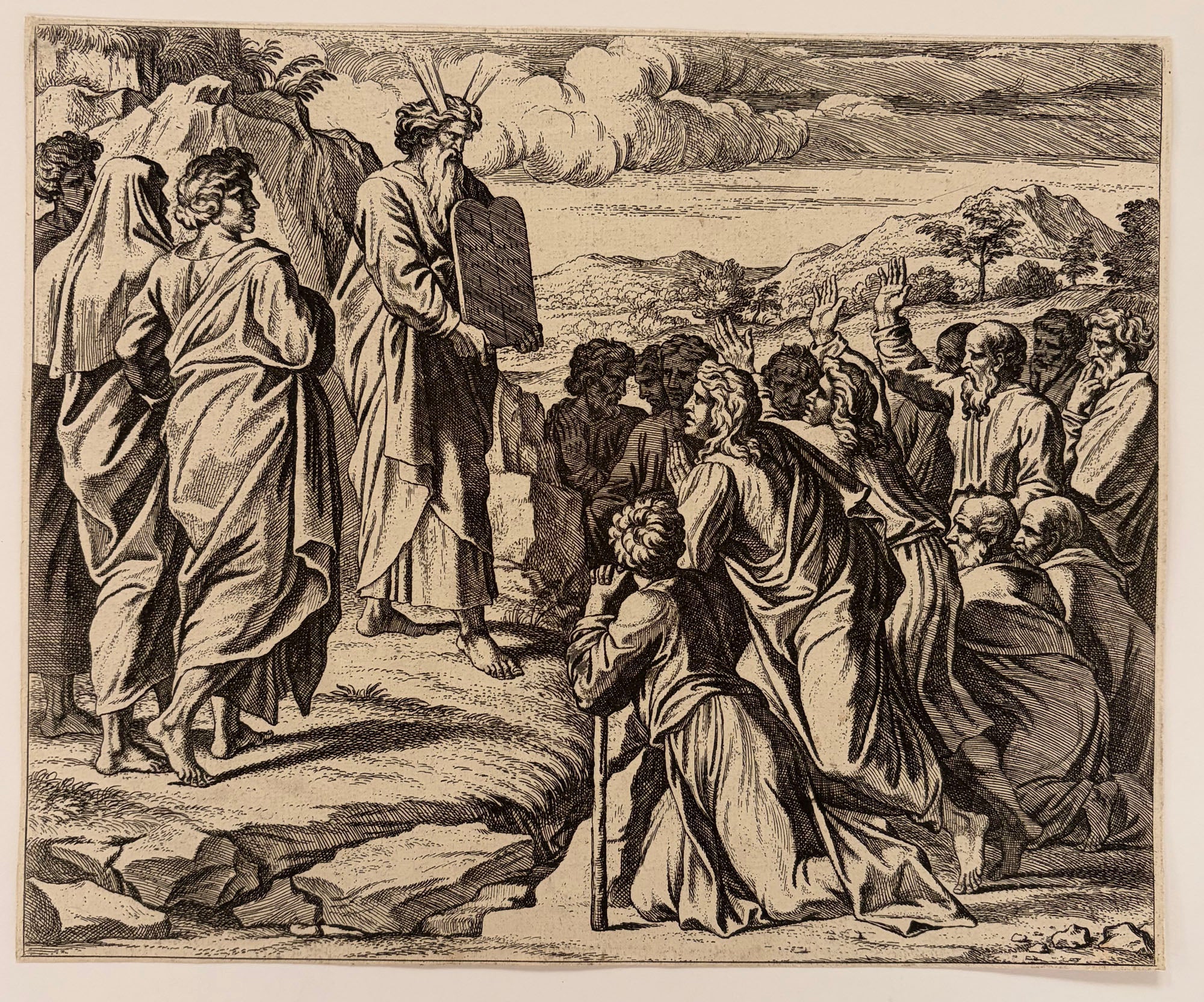 Nicolas CHAPRON - Moïse montrant au peuple les tables de la Loi. 1649. Eau-forte d'après Raphaël (Urbino (Italie) 1483 † Rome 1520). 