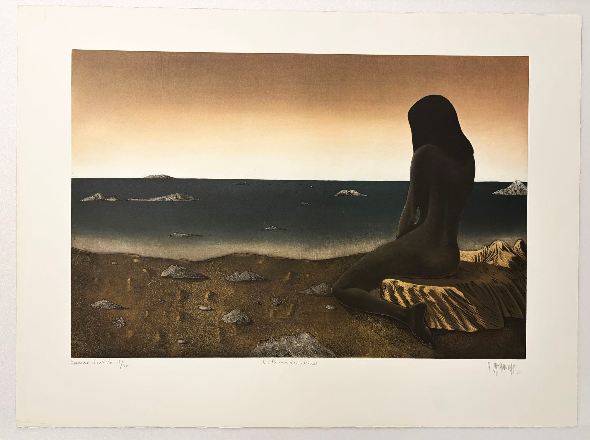 Michel MATHONNAT - Et la mer s'est retirée. Gravure originale à l'eau-forte et à l'aquatinte, imprimée en couleurs au repérage.