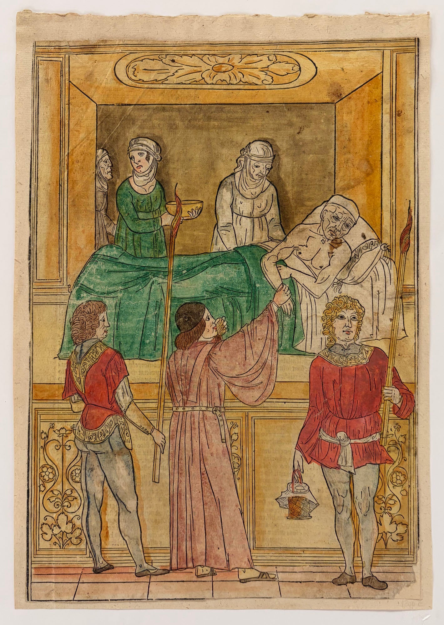 Ecole de Gentile BELLINI - [La visite médicale au chevet d'un malade atteint de la peste].  1495. Bois gravé en coloris ancien dans l'esprit d'Andrea Mantegna.