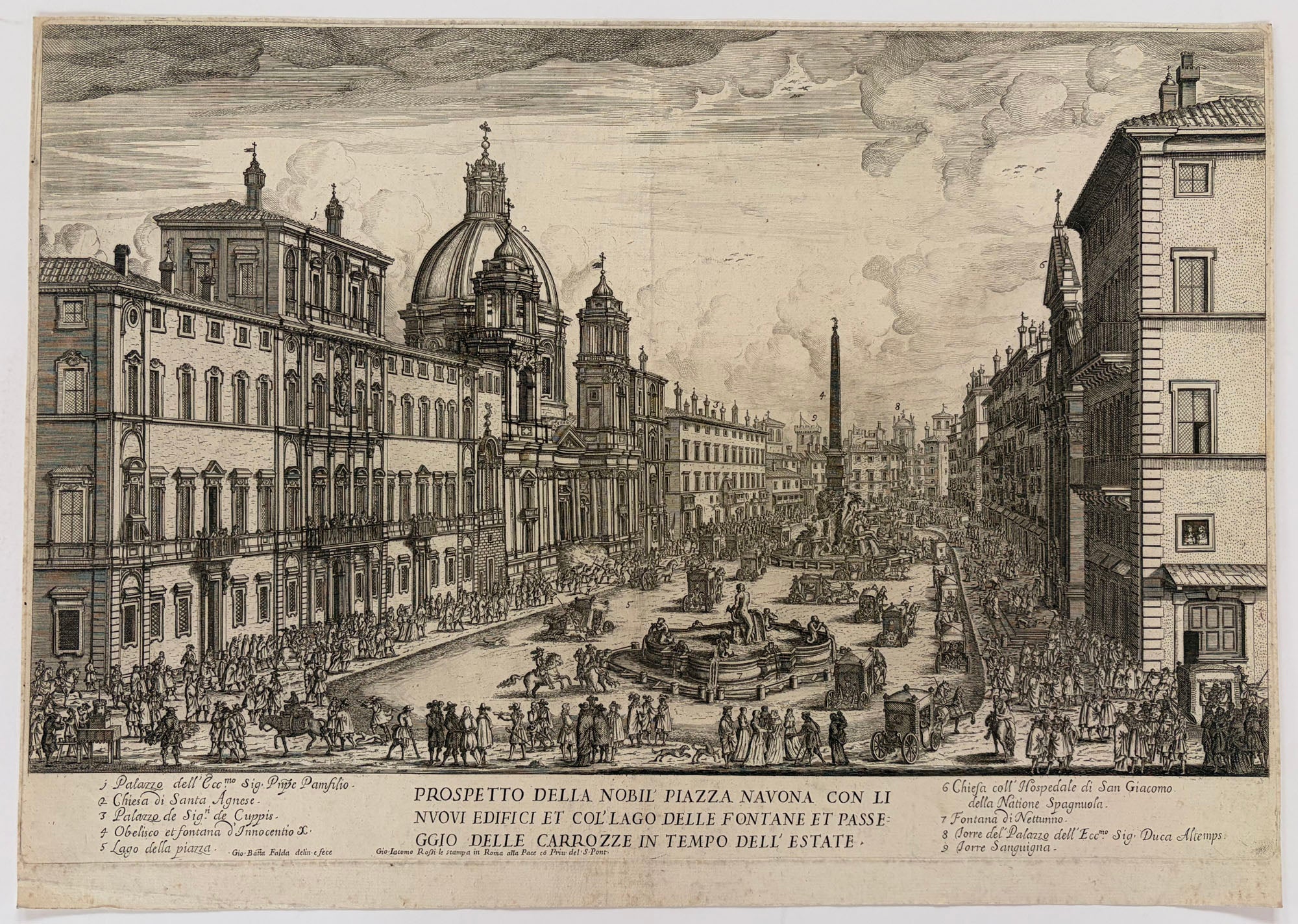 Giovanni Battista FALDA - La Piazza Navona à Rome, avec ses nouveaux bâtiments, le bassin des fontaines et la promenade en carrosse. c.1677. Titre: 