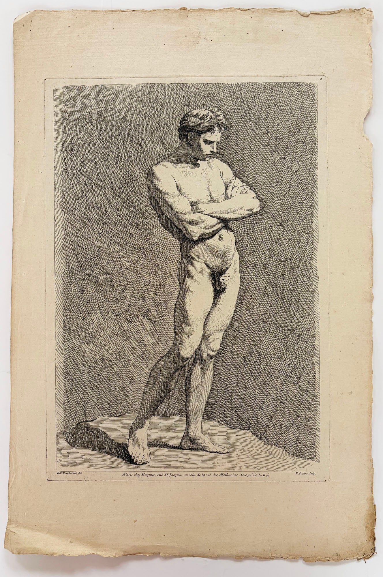 Figure masculine nue, debout, tournée vers la droite, les bras croisés. 1738.