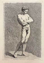 Charger l'image dans la galerie, Pierre AVELINE - Figure masculine nue, debout, tournée vers la droite, les bras croisés. 1738. Eau-forte d'après le dessin d'Edme Bouchardon.
