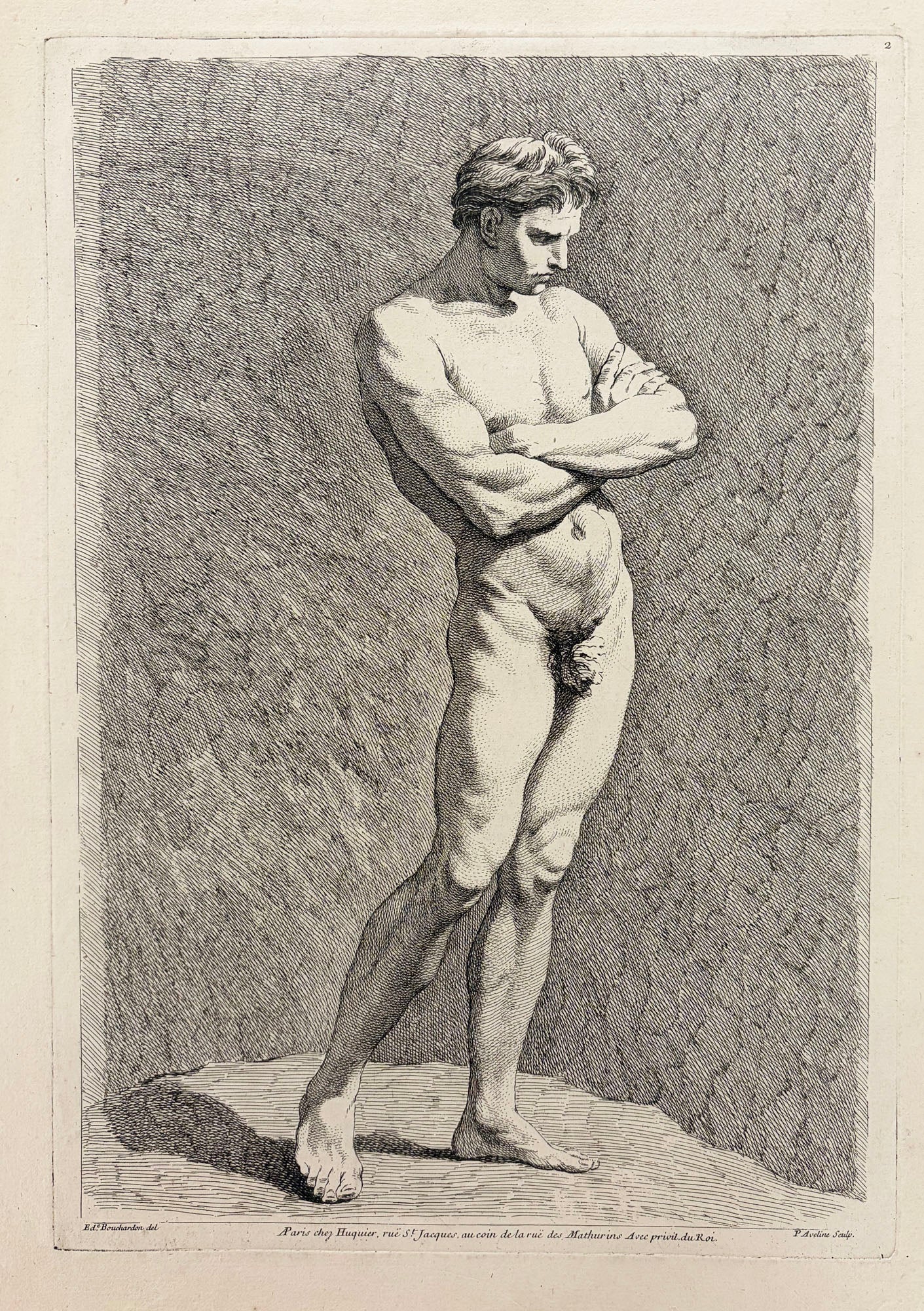 Pierre AVELINE - Figure masculine nue, debout, tournée vers la droite, les bras croisés. 1738. Eau-forte d'après le dessin d'Edme Bouchardon.