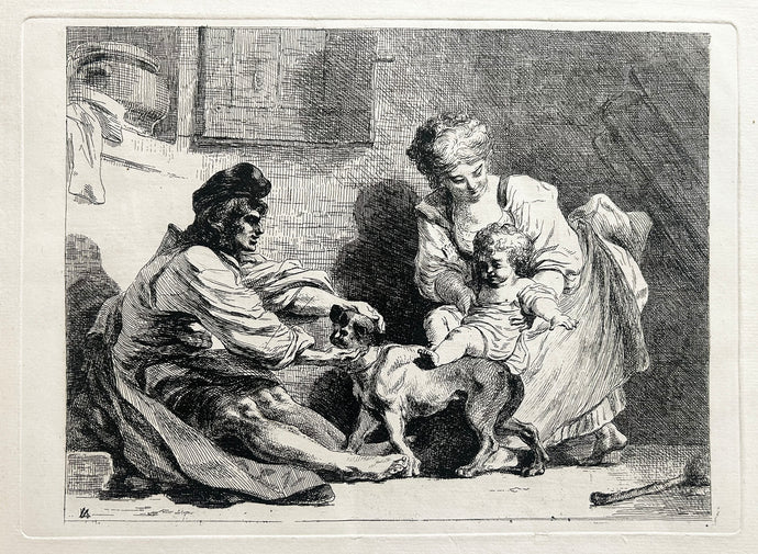 Dominique Vivant DENON L'enfant au chien. Un homme et une femme jouant avec un enfant et un chien.  1778. Eau-forte d'après Fragonard. 