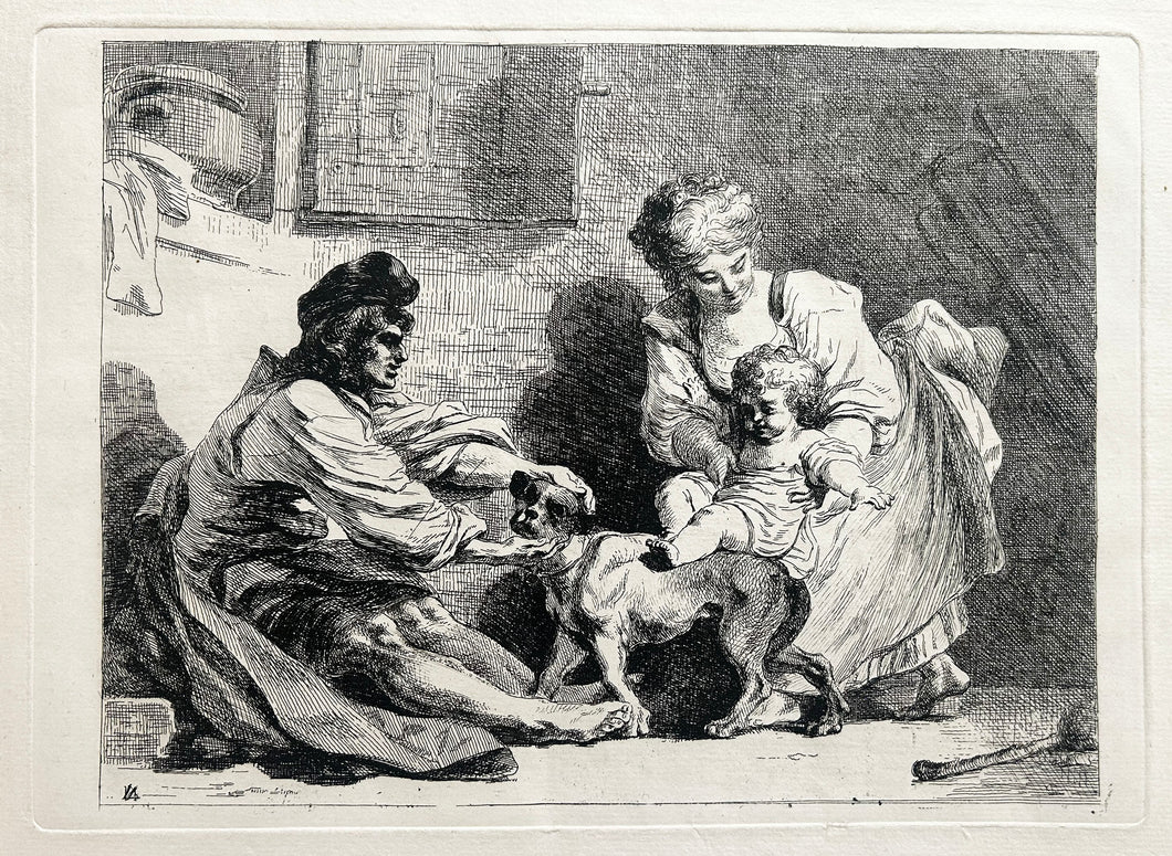 Dominique Vivant DENON L'enfant au chien. Un homme et une femme jouant avec un enfant et un chien.  1778. Eau-forte d'après Fragonard. 