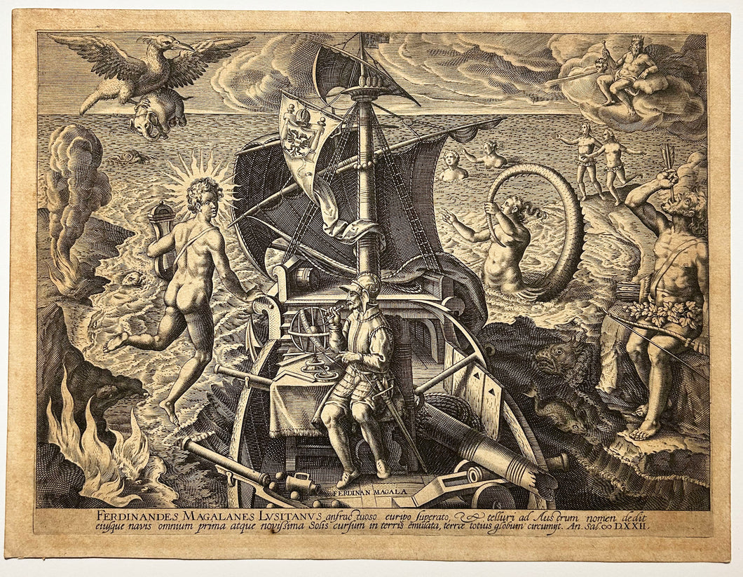 Jan van der STRADANUS. Ferdinandes Magalanes Lusitanus (Ferdinand Magellan). La découverte de l'Amérique. Gravure.