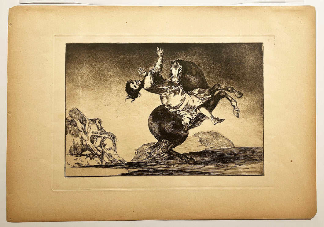 GOYA La jeune femme emportée par un cheval qui se cabre. La mujer y el potro, que los dome otro.  1815-1824. Gravure originale. 