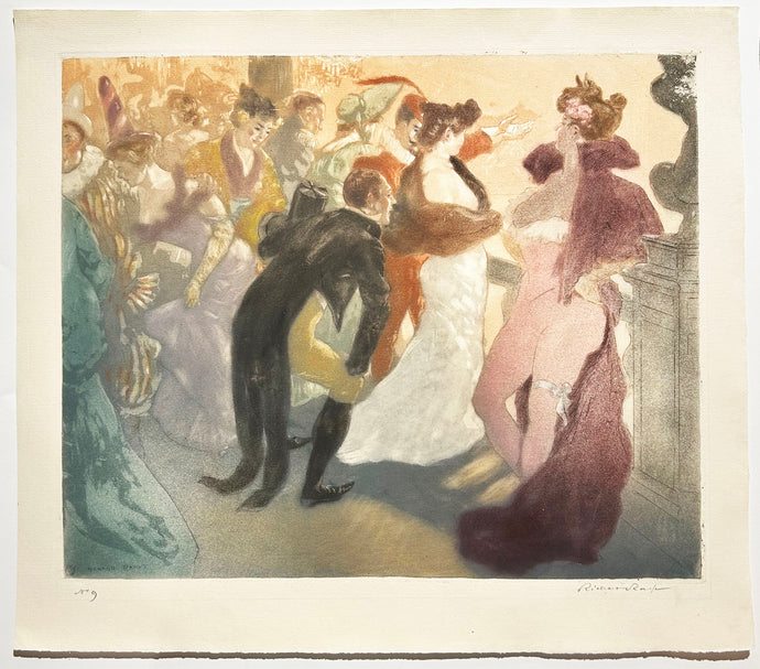 Richard RANFT Le bal masqué, ou Au bal de l'Opéra.  1899. Gravure originale en couleurs, signée. 
