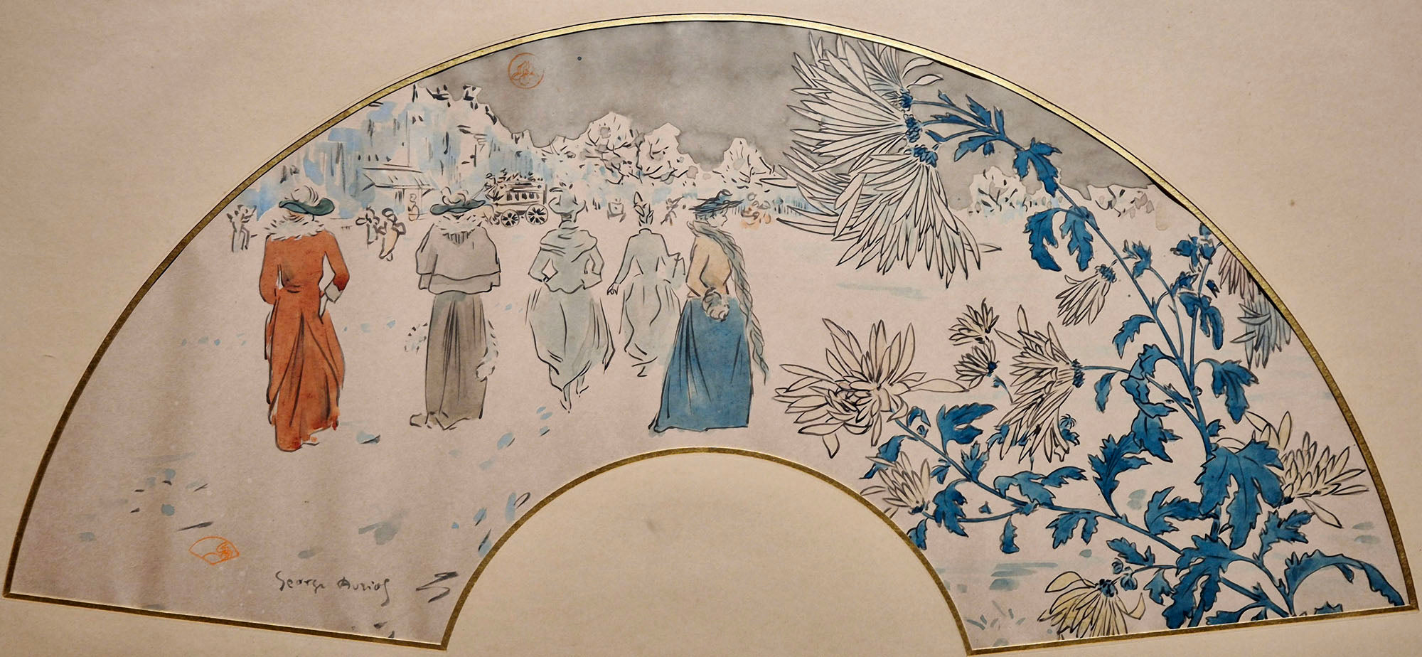 [Projet d'éventail - Elégantes à Paris]. Auriol dessin.