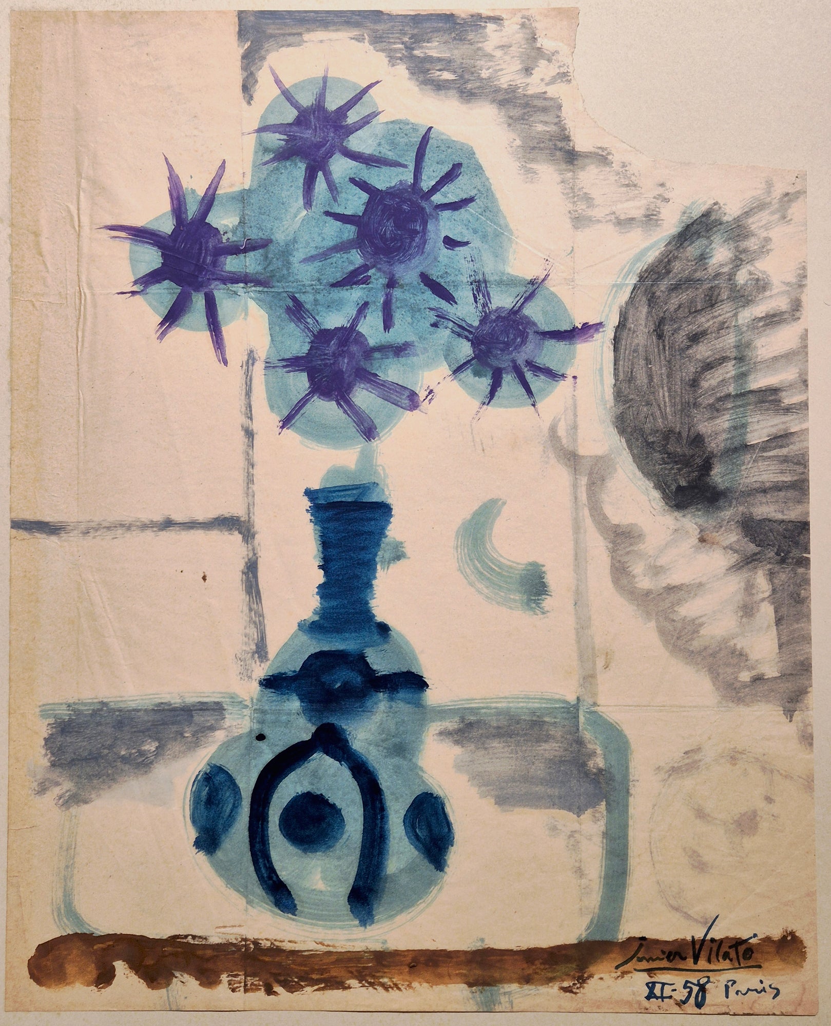 [Fleurs et vase bleu]. Dessin de Javier Vilato.