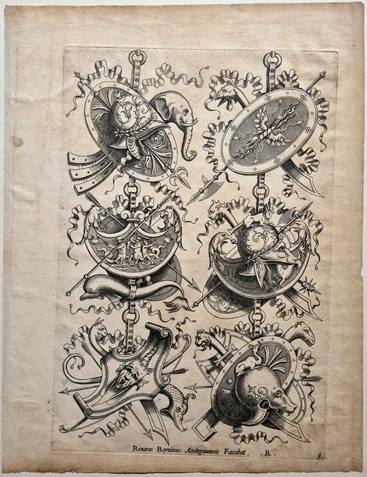 Trophées d'armes: instrument de musique orné d'une tête d'éléphant. Boyvin.