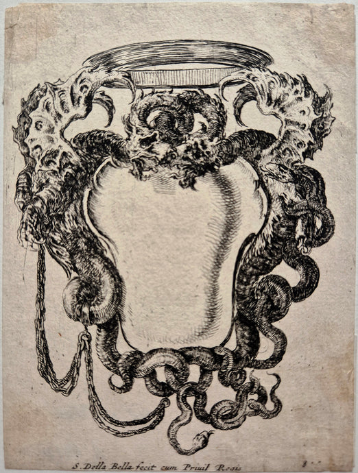 Cartouche flanqué de deux dragons. Della Bella.