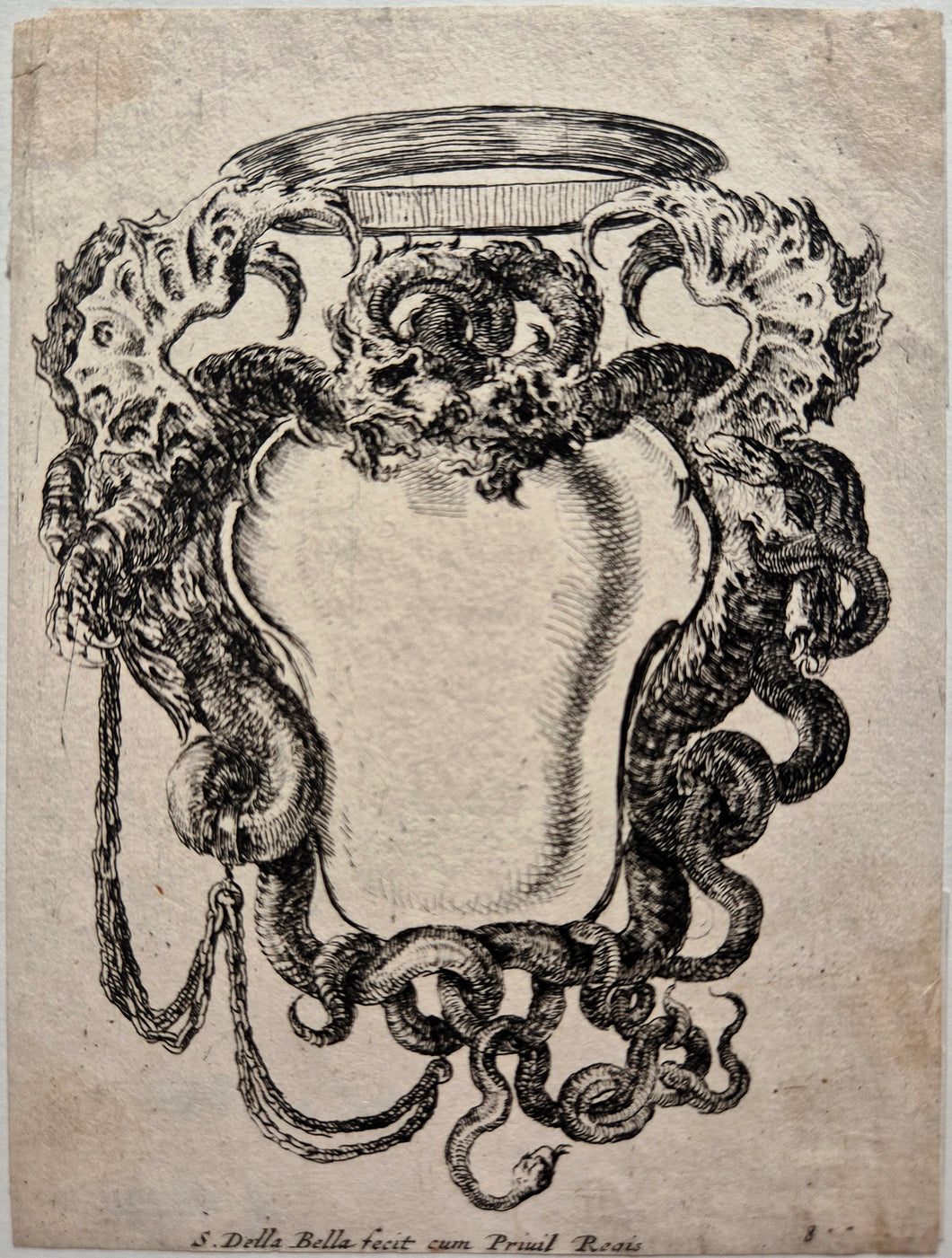 Cartouche flanqué de deux dragons. Della Bella.