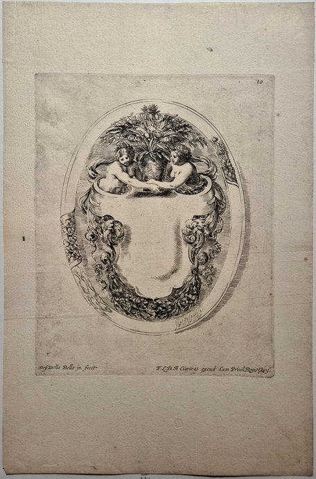 Cartouche enfermé dans une bordure ovale. Della Bella.