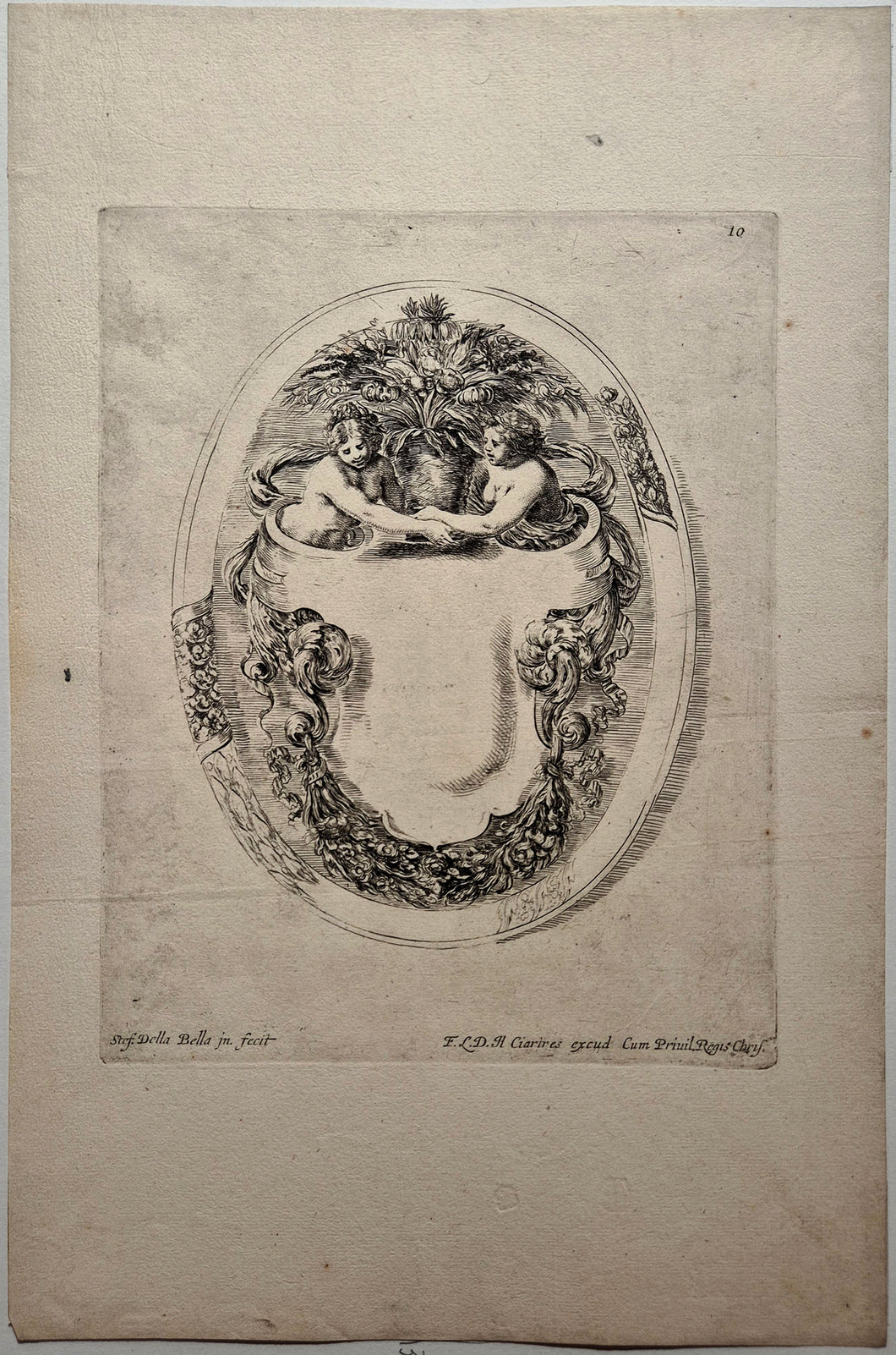 Cartouche enfermé dans une bordure ovale. Della Bella.