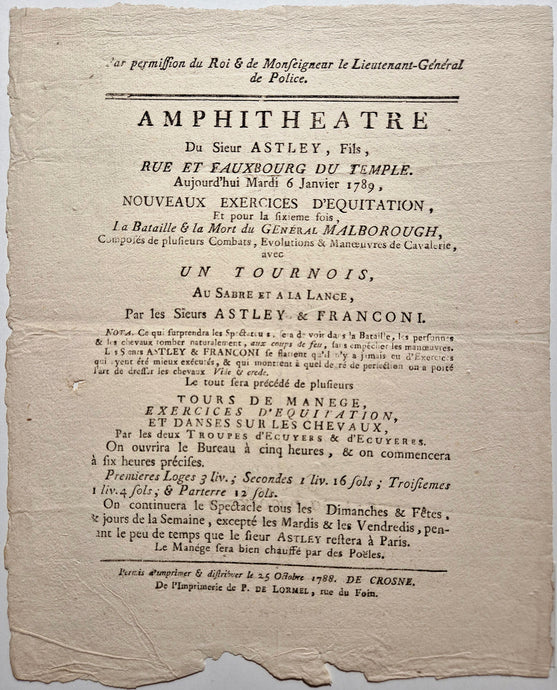 Annonce pour le spectacle d'Astley et Franconi. Affiche, Publicité. 