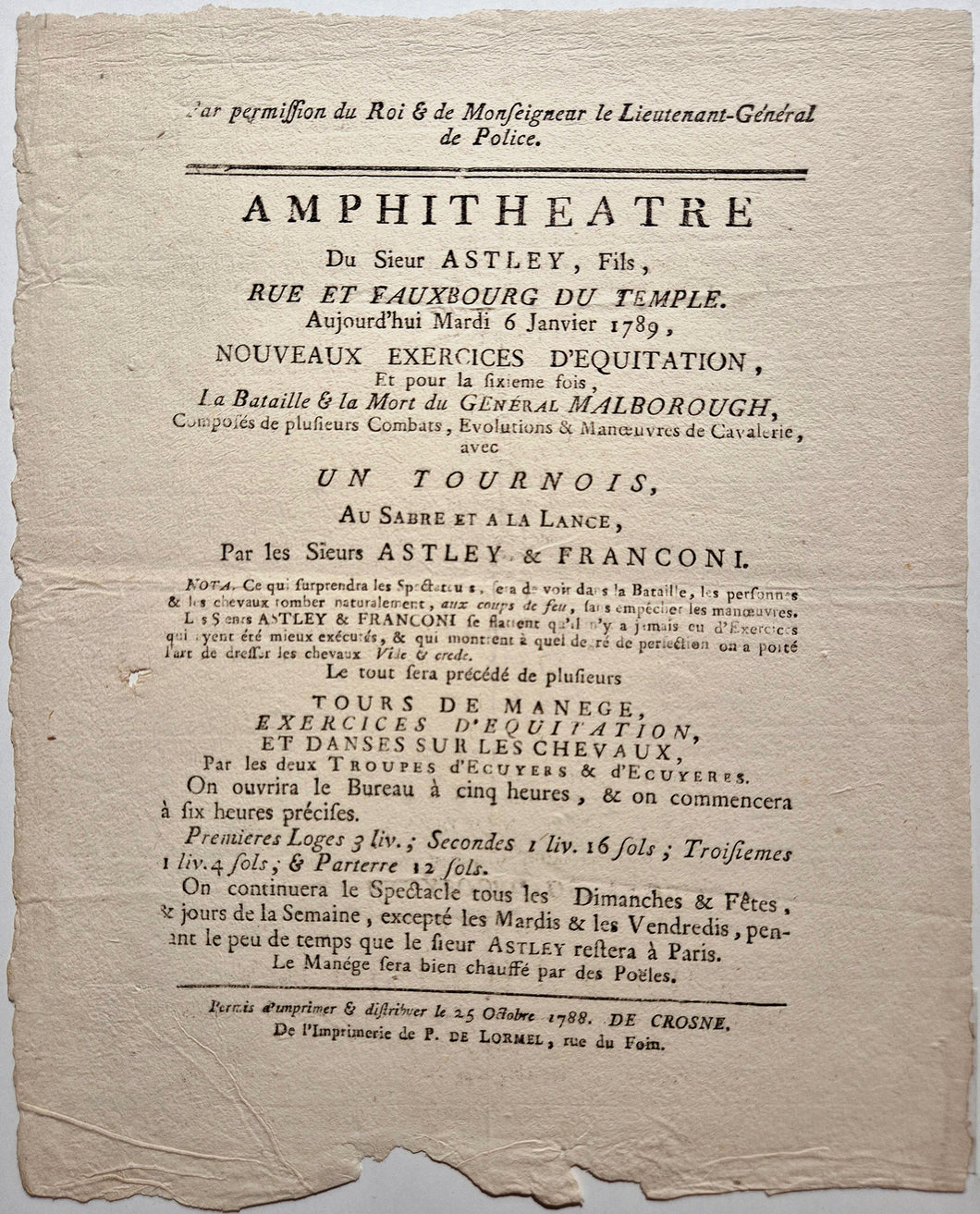 Annonce pour le spectacle d'Astley et Franconi. Affiche, Publicité. 