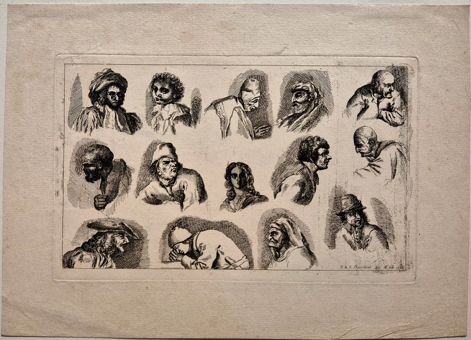 [Etude de 14 têtes grotesques]. Boucher.