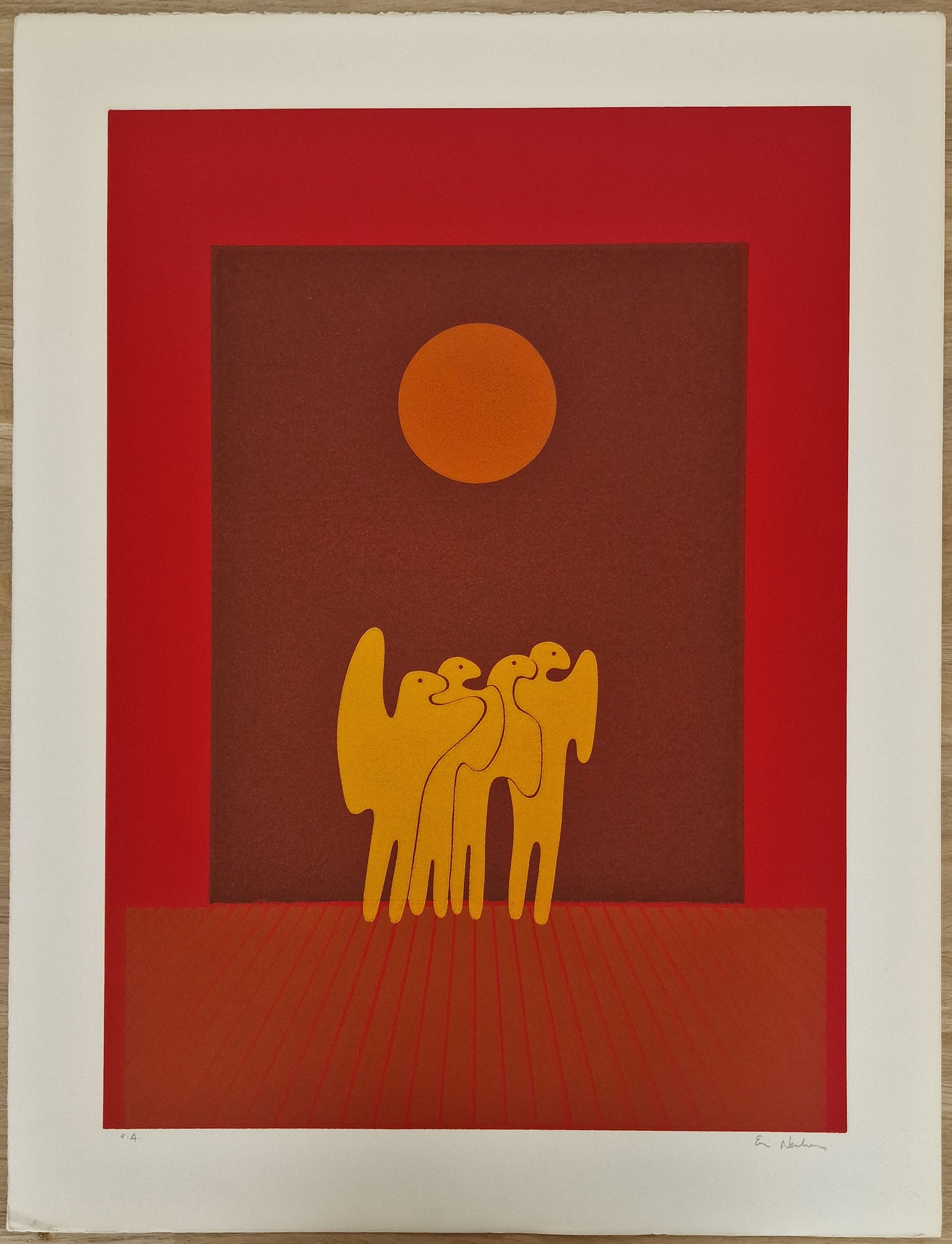 Ervin NEUHAUS - [Les oiseaux au soleil]. Linogravure signée. 