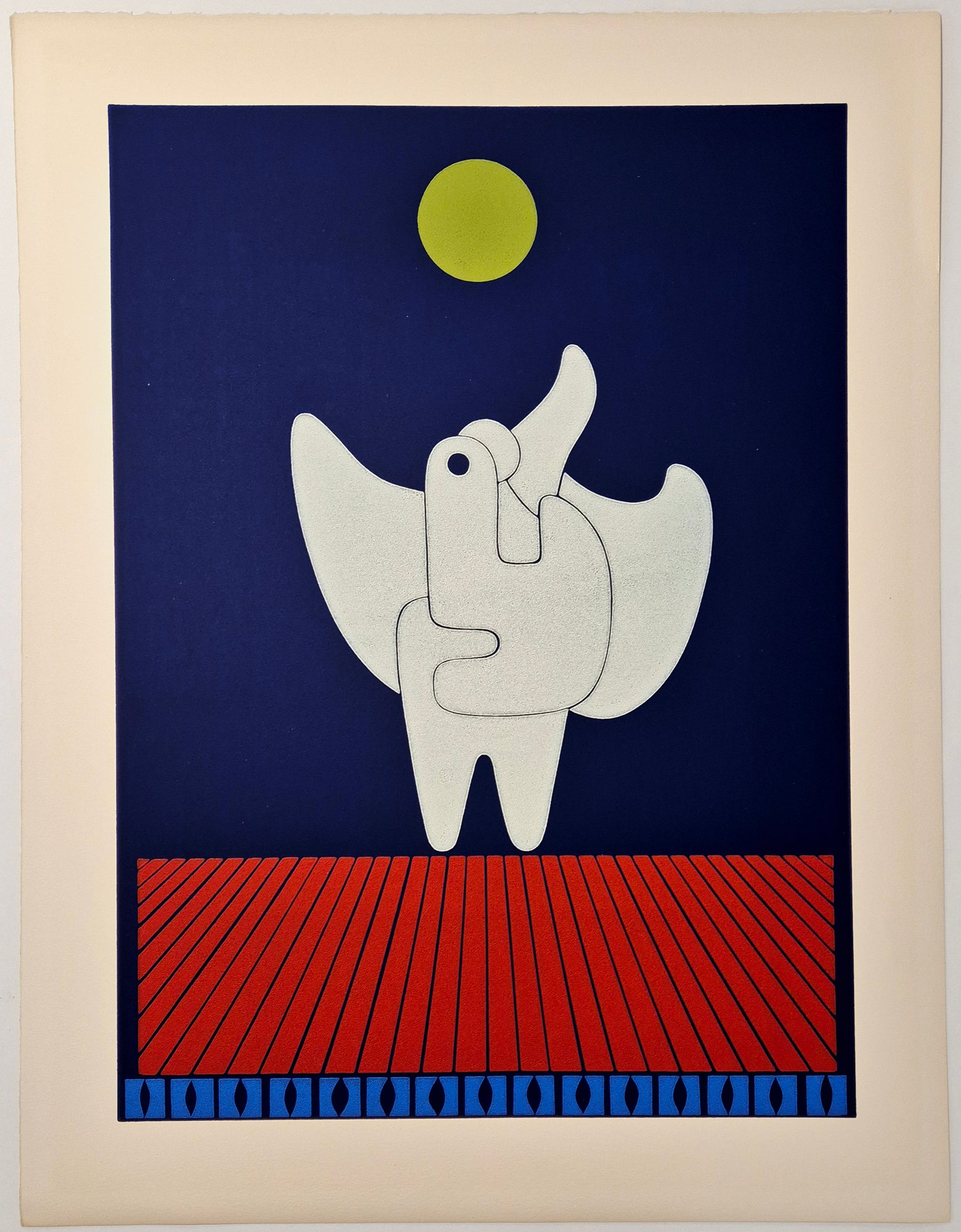 Ervin NEUHAUS - [Oiseau blanc sous lune verte]. Linogravure. 