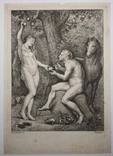 Eve présentant à Adam le fruit défendu. 