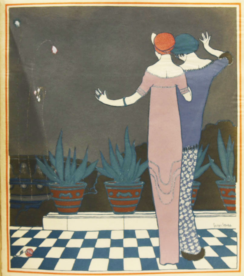 [Deux femmes sur la terrasse regardant le feu d'artifice]. Les Choses de Paul Poiret vues par Georges Lepape. 1911.