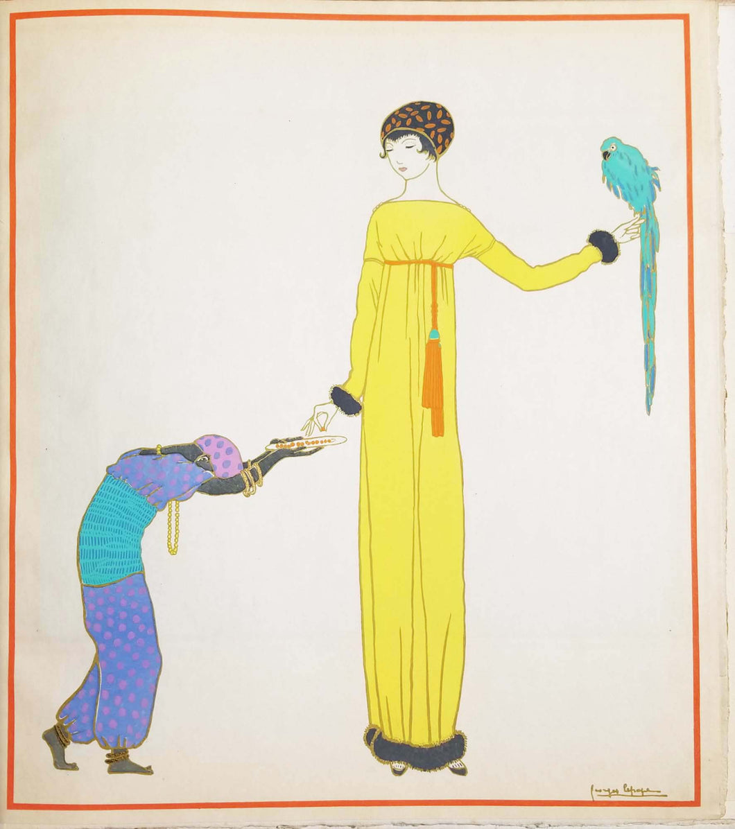 [Femme à la perruche et au serviteur]. Les Choses de Paul Poiret vues par Georges Lepape. 1911.