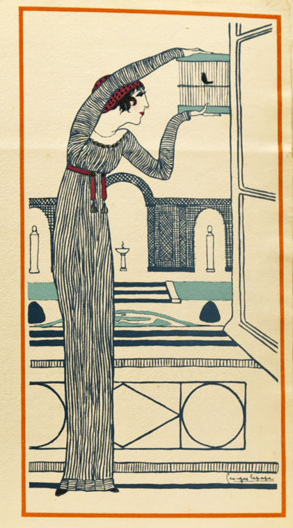 [Femme dans un jardin, tenant un oiseau en cage]. Les Choses de Paul Poiret vues par Georges Lepape. 1911.