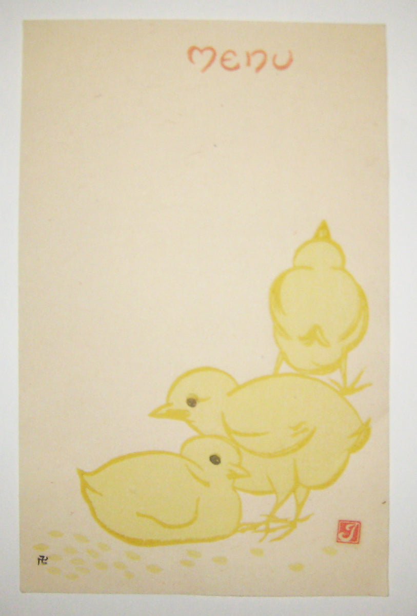 [Carte menu, Trois poussins]. 