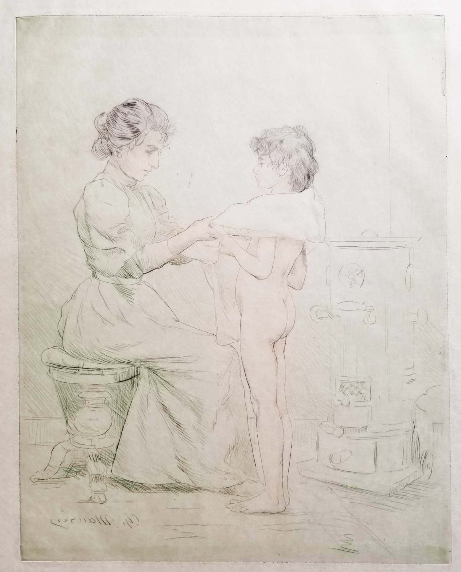 [Essuyage devant le poêle].