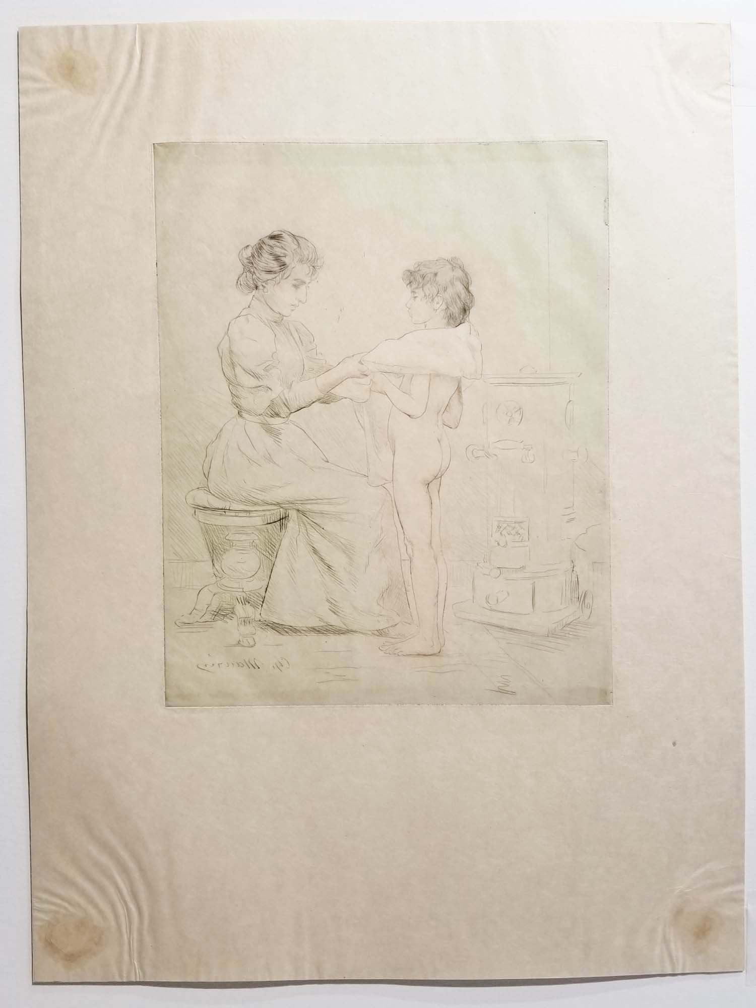 [Essuyage devant le poêle].