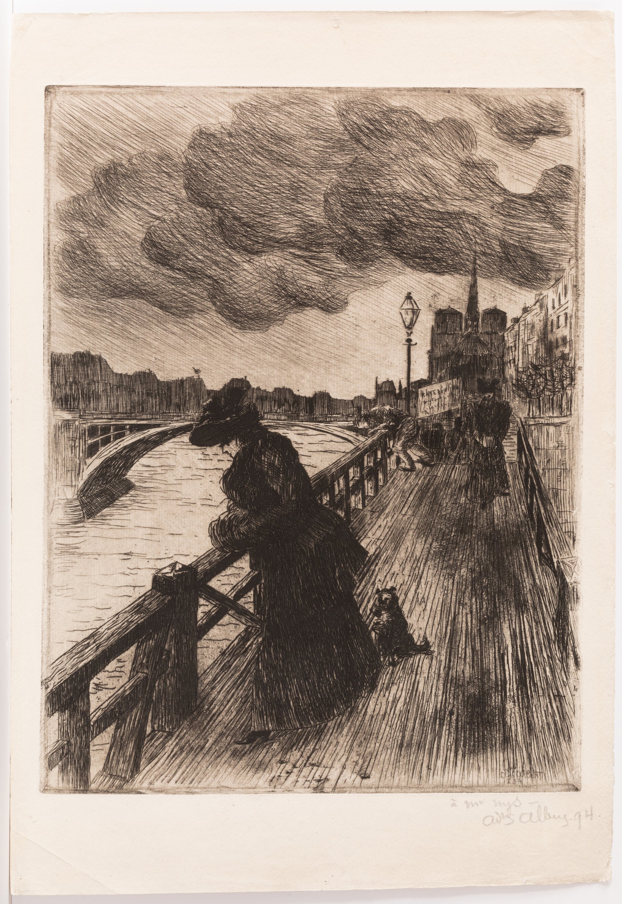 [Elégante parisienne sur les quais de Seine, Notre-Dame].  1894.