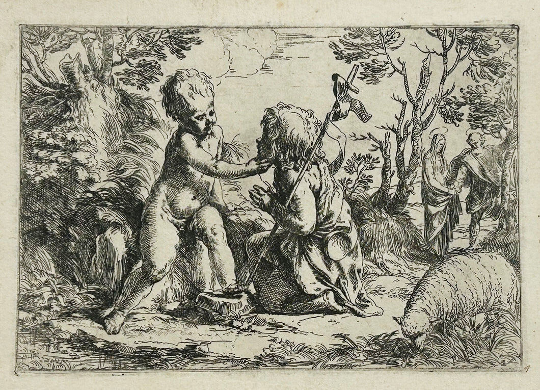 L'enfant Saint Jean-Baptiste agenouillé devant l'Enfant Jésus lui caressant son visage.Vers 1595-1600.