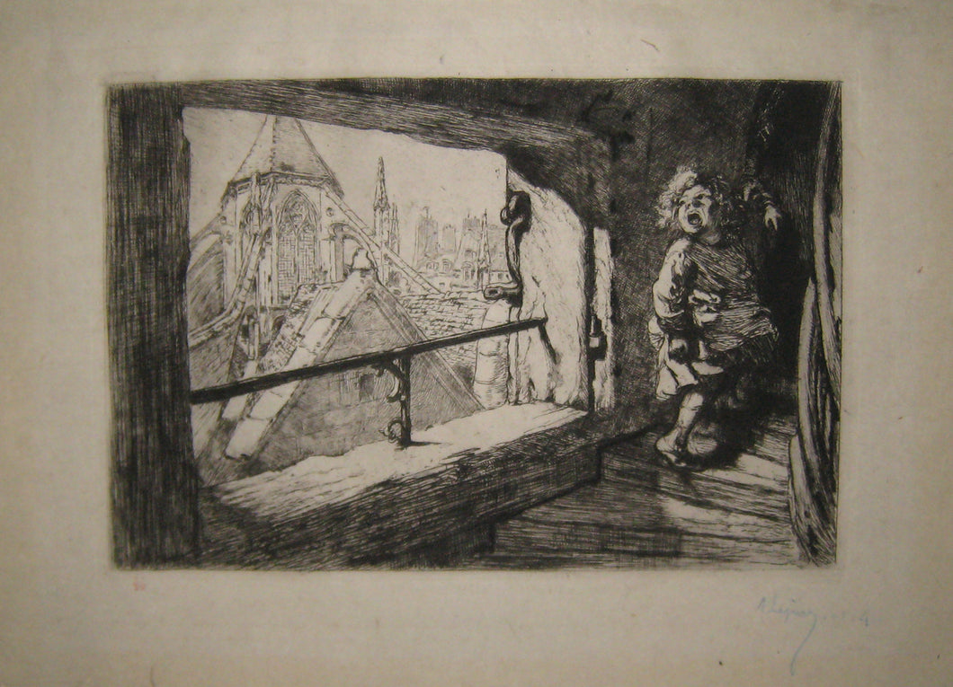 [Enfant dans les escaliers, au sommet d'une tour]. 